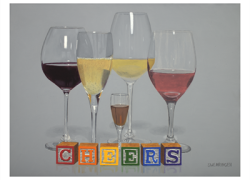 painting of 5 wine glasses and alphabet blocks spelling the word "cheers", by Thomas Swearingen