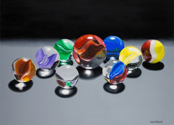 painting of toy glass marbles, by Thomas Swearingen