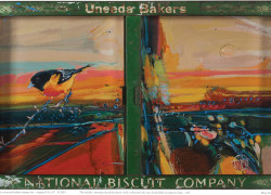 painting of redchested bird and landsxape, framed with National Bisquit Company, Mary Linnea Vaughan