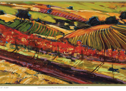 painting of Sonoma vineyard with red leaves, by Mary Linnea Vaughan